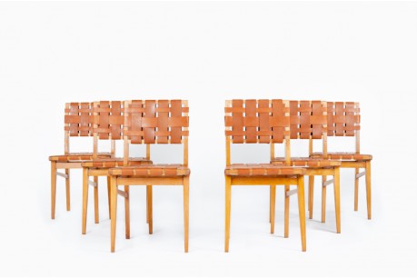 Chaises en hêtre et cuir marron 1950 set de 6