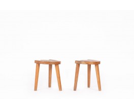 Jean Touret tripod stools in oak edition Ateliers Marolles 1960 set of 2