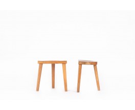 Jean Touret tripod stools in oak edition Ateliers Marolles 1960 set of 2