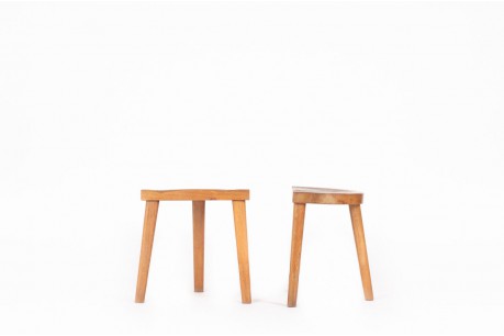 Jean Touret tripod stools in oak edition Ateliers Marolles 1960 set of 2