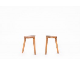 Jean Touret tripod stools in oak edition Ateliers Marolles 1960 set of 2