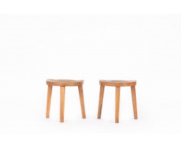 Jean Touret tripod stools in oak edition Ateliers Marolles 1960 set of 2