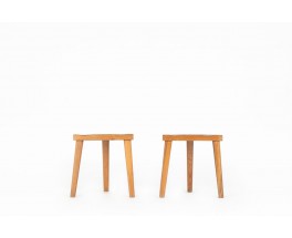 Jean Touret tripod stools in oak edition Ateliers Marolles 1960 set of 2