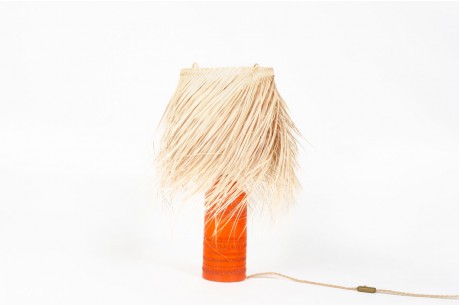Lampe Aldo Londi en céramique orange et abat-jour raphia édition Bitossi 1970