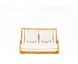 Canapé bambou cuir et tissu bouclette édition Maugrion Roche Bobois 1960