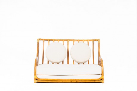 Canapé bambou cuir et tissu bouclette édition Maugrion Roche Bobois 1960