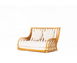 Canapé bambou cuir et tissu bouclette édition Maugrion Roche Bobois 1960