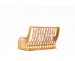 Canapé bambou cuir et tissu bouclette édition Maugrion Roche Bobois 1960