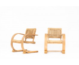 Audoux&Minet armchairs beech and rope edition Vibo Vesoul 1950 set of 2