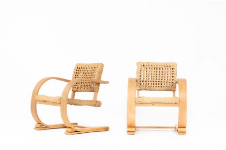Fauteuils Audoux&Minet hêtre et corde édition Vibo Vesoul 1950 set de 2