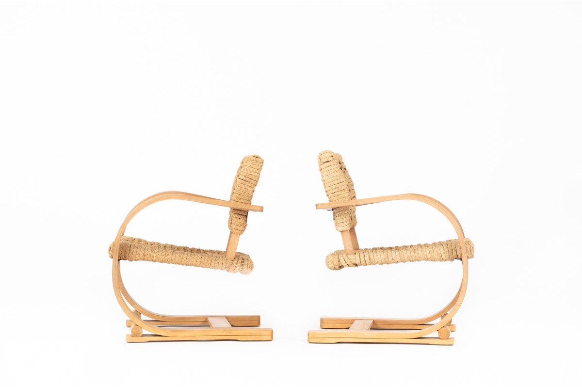 Audoux&Minet armchairs beech and rope edition Vibo Vesoul 1950 set of 2