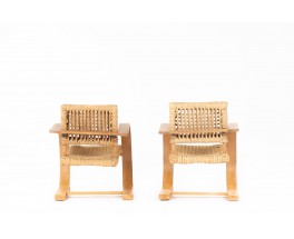 Audoux&Minet armchairs beech and rope edition Vibo Vesoul 1950 set of 2