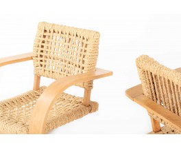 Audoux&Minet armchairs beech and rope edition Vibo Vesoul 1950 set of 2