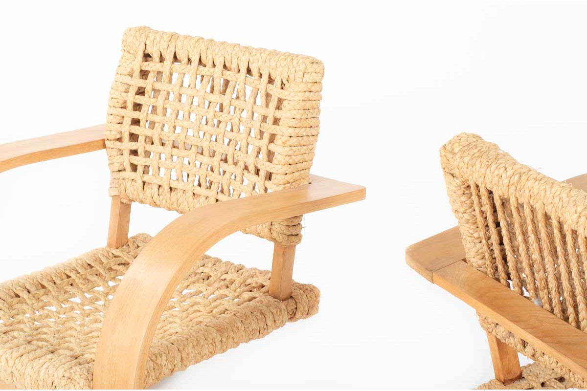 Audoux&Minet armchairs beech and rope edition Vibo Vesoul 1950 set of 2