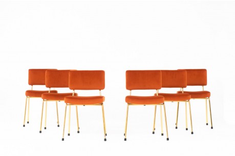 Gold metal chairs and ocher velvet edition Airborne 1950 set of 6
