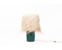 Lamp in green ceramic and raffia lampshade 1960