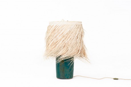 Lamp in green ceramic and raffia lampshade 1960