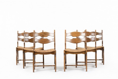 Guillerme and Chambron chairs in oak and straw edition Votre Maison 1950 set of 6