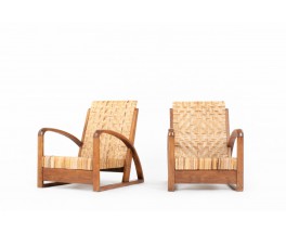 Armchairs in teak and woven rattan core 1930 set of 2
