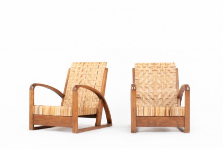 Armchairs in teak and woven rattan core 1930 set of 2