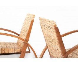 Armchairs in teak and woven rattan core 1930 set of 2