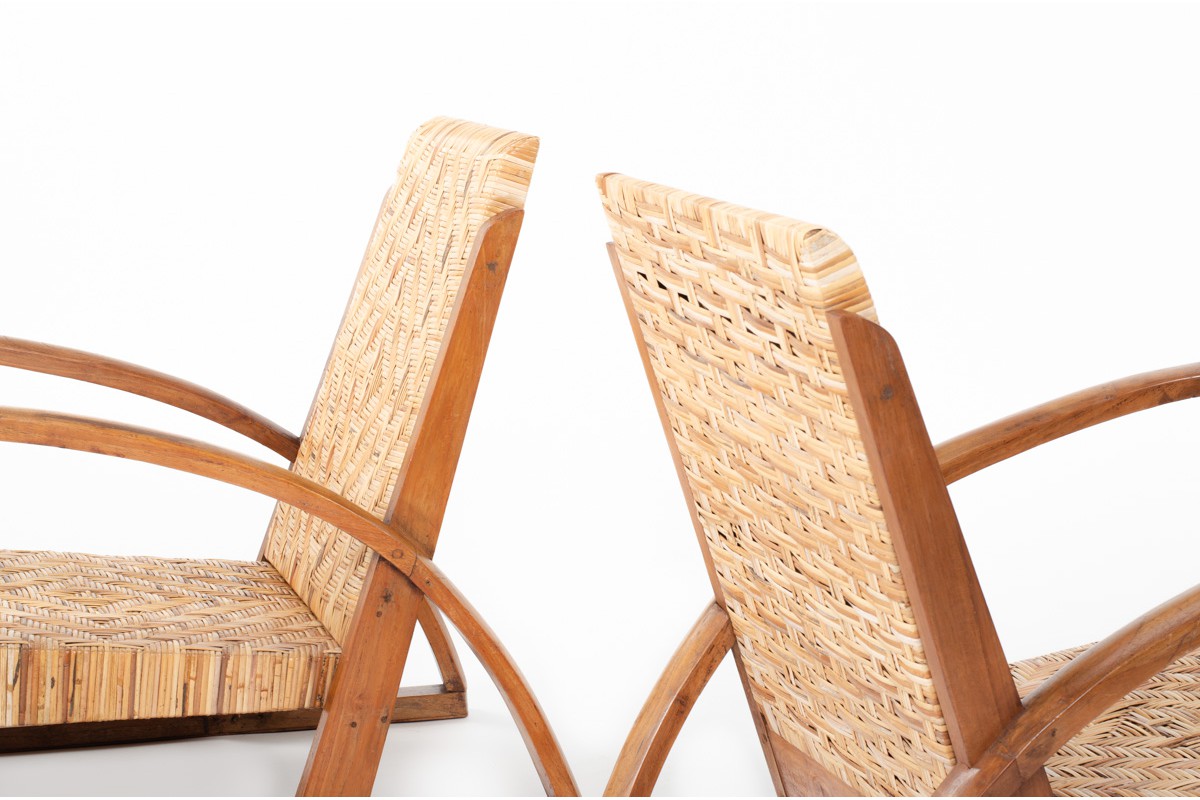 Armchairs in teak and woven rattan core 1930 set of 2