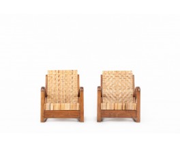 Armchairs in teak and woven rattan core 1930 set of 2