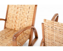 Armchairs in teak and woven rattan core 1930 set of 2