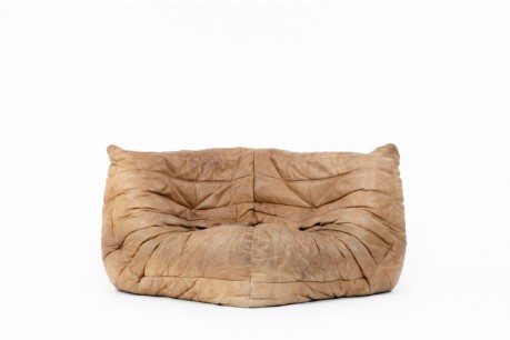 Chauffeuse d'angle Michel Ducaroy modèle Togo cuir marron édition Ligne Roset 1970