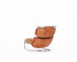 Armchair in chrome and camel leather cushions Italian design 1970