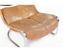 Fauteuil en chrome et coussins cuir camel design italien 1970