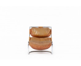 Armchair in chrome and camel leather cushions Italian design 1970