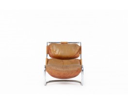 Fauteuil en chrome et coussins cuir camel design italien 1970