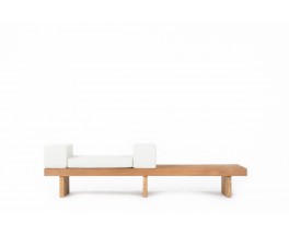 Bench with slats in pine and beige cushions 1950