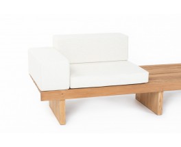 Bench with slats in pine and beige cushions 1950