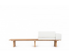 Bench with slats in pine and beige cushions 1950