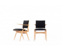 Maurice Pre armchairs in beech and black linen 1950 set of 2