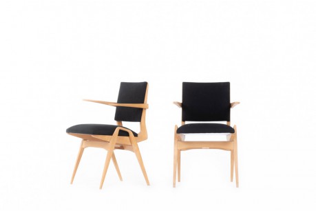 Fauteuils Maurice Pré en hêtre et lin noir 1950 set de 2