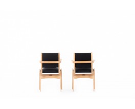 Maurice Pre armchairs in beech and black linen 1950 set of 2