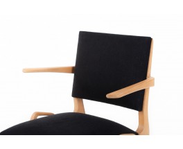 Maurice Pre armchairs in beech and black linen 1950 set of 2