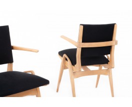 Maurice Pre armchairs in beech and black linen 1950 set of 2