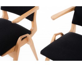 Maurice Pre armchairs in beech and black linen 1950 set of 2