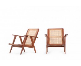 Armchairs in mahogany and caned 1950 set of 2