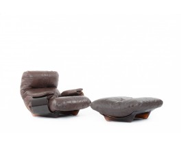 Michel Ducaroy armchair and footstool model Marsala in brown leather edition Ligne Roset 1970