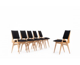 Maurice Pre chairs in beech and black linen 1950 set of 6