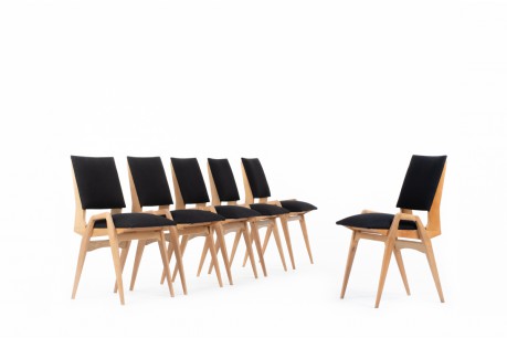 Maurice Pre chairs in beech and black linen 1950 set of 6