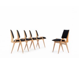 Maurice Pre chairs in beech and black linen 1950 set of 6