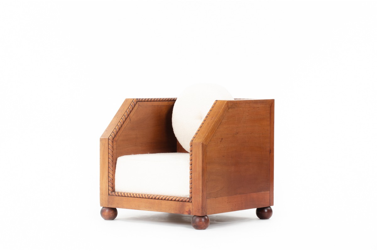 Armchair in mahogany with beige fabric cushions design Art Deco 1930