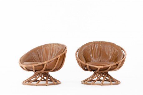 Bernard Govin armchairs rattan and leatherette edition Eguizier 1976 set of 2