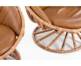 Bernard Govin armchairs rattan and leatherette edition Eguizier 1976 set of 2